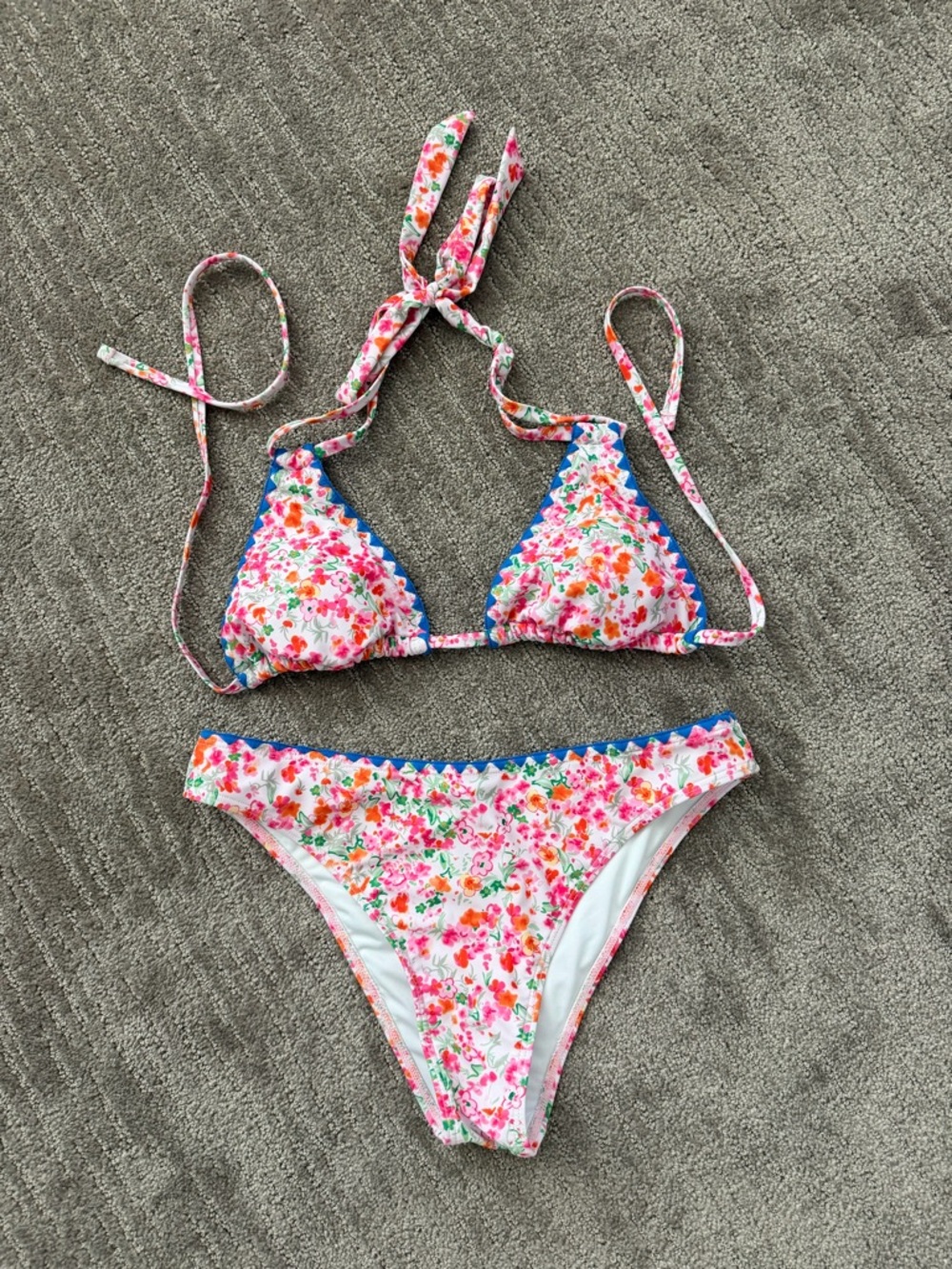 Zaful Floral Triangle Bikini Set in White, Pink, Green, Orange